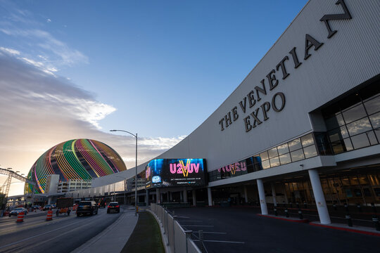 Las Vegas, NV, USA - Oct 28, 2024: Exterior view of the Venetian Convention and Expo Center and the Sphere in Las Vegas, Nevada, at dawn.