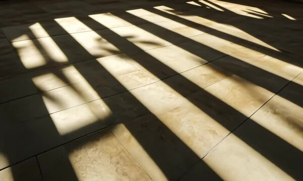 Sunlight stripes cast shadows on beige tiled floor.