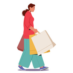 Trendy fashion woman shopaholic cartoon character walking with shopping bags isolated on white
