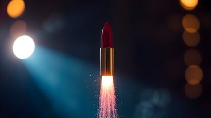 red lipstick flying like a rocket, concept of rising women power, large space for copy