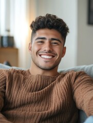 Smiling Man in Cozy Sweater Taking Selfie