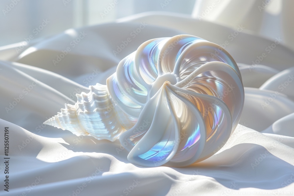 Aufkleber A single white shell placed on a white sheet, with a window visible in the background