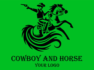 Black cowboy rides fast horse against green background. Suitable for westernthemed designs, posters, and storytelling visuals needing a dynamic element