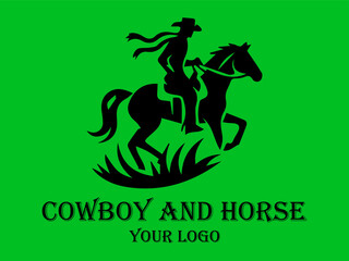 Black cowboy rides fast horse against green background. Suitable for westernthemed designs, posters, and storytelling visuals needing a dynamic element