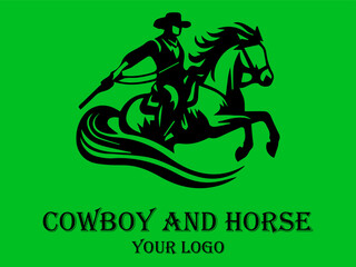Black cowboy rides fast horse against green background. Suitable for westernthemed designs, posters, and storytelling visuals needing a dynamic element