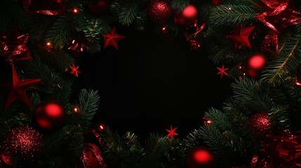 Christmas holidays frame background made of pine branches and festive decorations. Blank space for promotional text. Generative AI