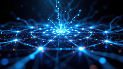 Obraz premium A stunning digital visual representation of a neural network with glowing blue particles at its core, symbolizing RAG technology (Retrieval Augmented Generation).