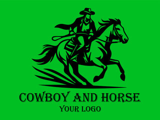 Black cowboy rides fast horse against green background. Suitable for westernthemed designs, posters, and storytelling visuals needing a dynamic element