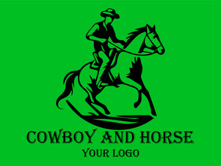 Black cowboy rides fast horse against green background. Suitable for westernthemed designs, posters, and storytelling visuals needing a dynamic element