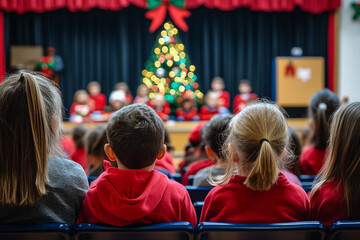 Children in an audience watching a Christmas performance on stage
