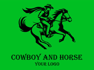 Black cowboy rides fast horse against green background. Suitable for westernthemed designs, posters, and storytelling visuals needing a dynamic element