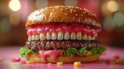   A quirky burger with pink icing and gummy teeth.