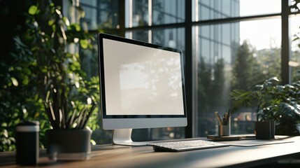 Fototapeta premium Modern Workspace Featuring iMac And Greenery