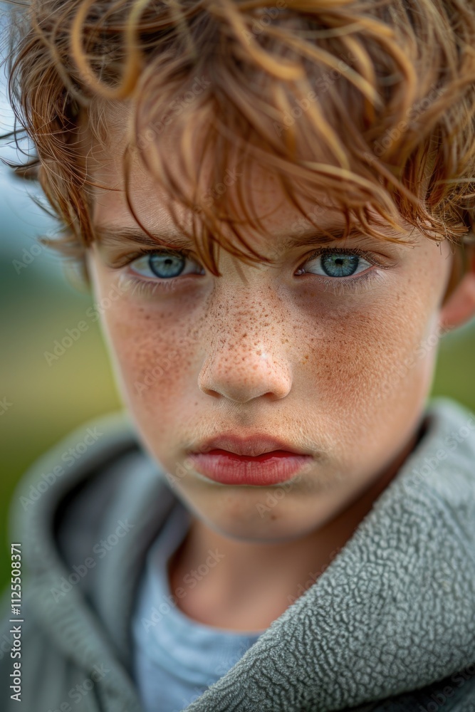 Poster portrait of a young child with distinctive freckles, suitable for use in advertising or editorial co