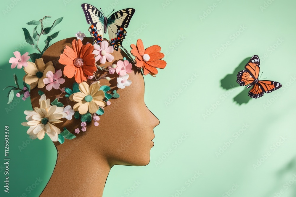 Poster a decorative display of artificial flowers and butterflies on a mannequin head, suitable for photogr