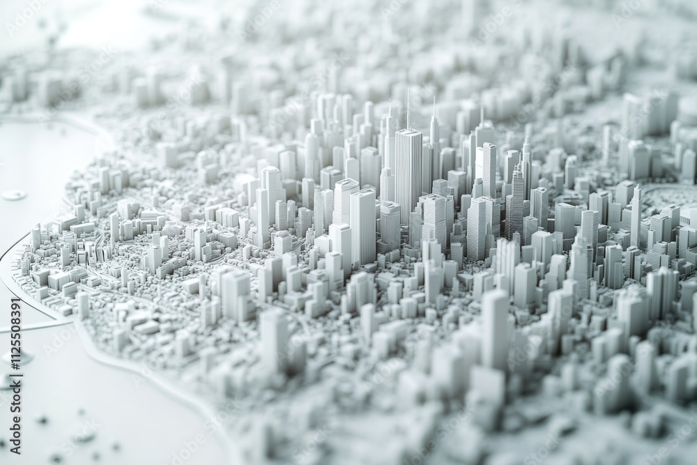 Poster a model of a city with numerous buildings and structures, suitable for urban planning or architectur