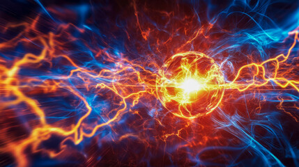 Naklejka premium Dynamic energy sphere: fiery burst of light and electric blue streaks