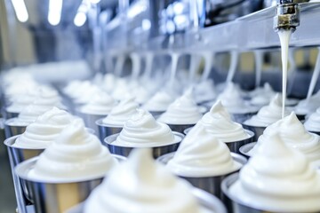 A line of colorful cupcakes with whipped toppings on a conveyor belt