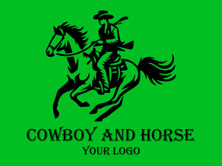 Black cowboy rides fast horse against green background. Suitable for westernthemed designs, posters, and storytelling visuals needing a dynamic element