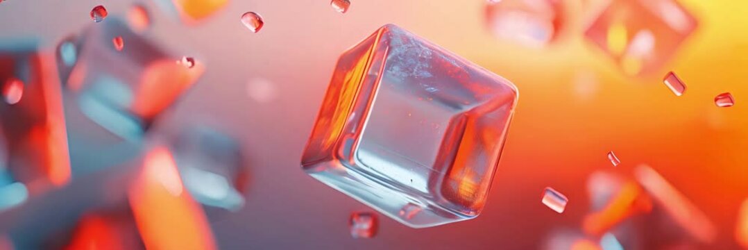 A large, clear cube hovers against a warm background, surrounded by smaller, fragmented cubes.