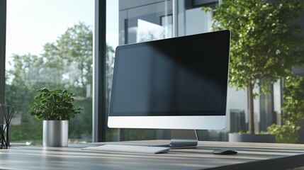 Fototapeta premium Modern Desktop Computer Setup Near Window With Plants
