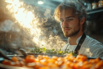 A person cooking in the kitchen, placing ingredients on a tray for serving