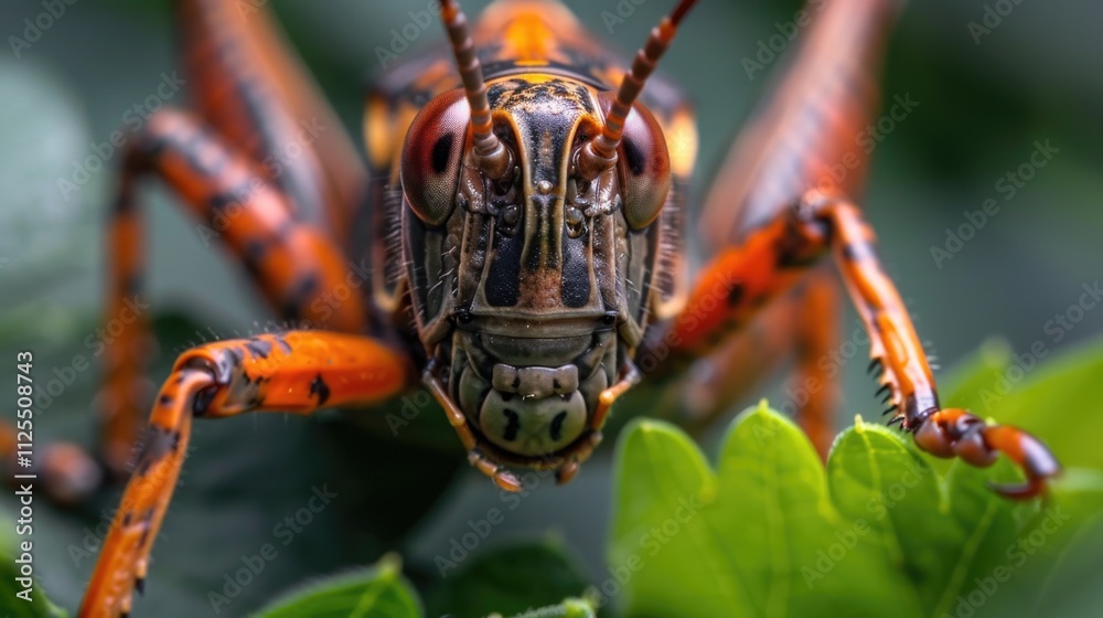 Poster close-up photo of a grasshopper sitting on a leaf, with detailed texture and natural environment