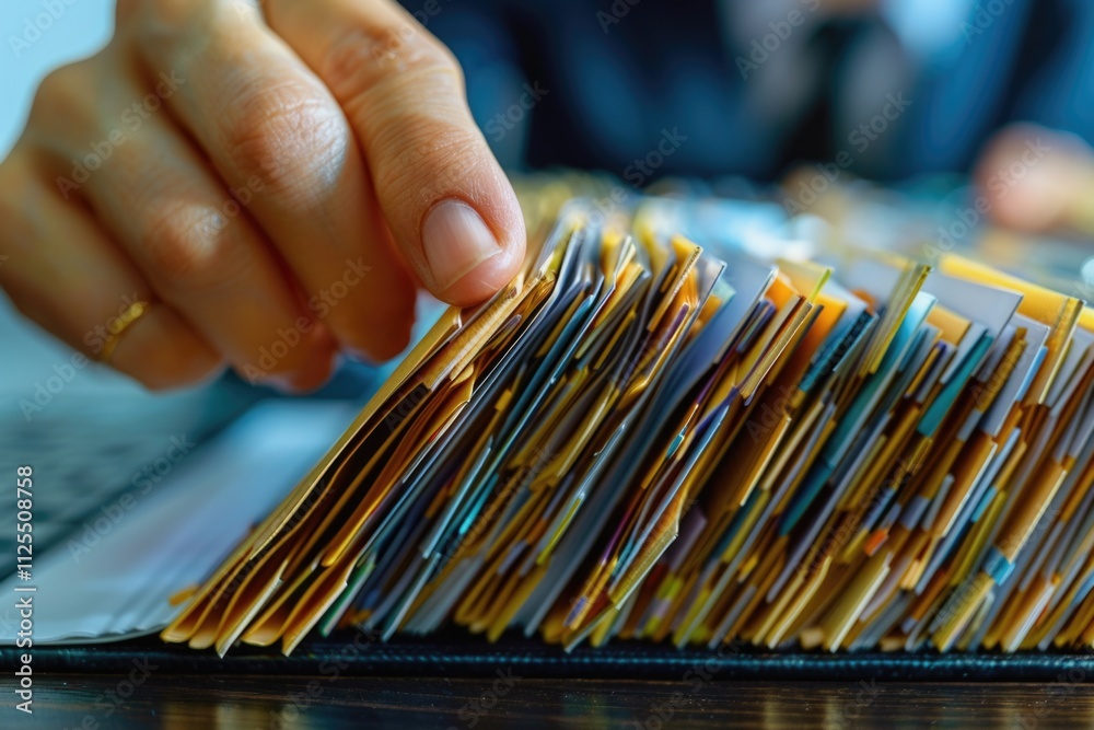 Aufkleber a person holds a stack of folders on a table, ready to work
