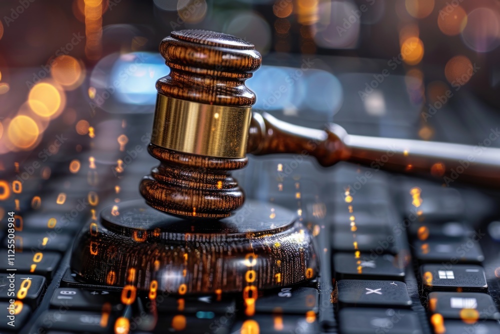 Poster A wooden gavel resting on top of a standard computer keyboard, ready for use