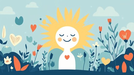 Smiling sun enjoying a beautiful day in a field of flowers and hearts