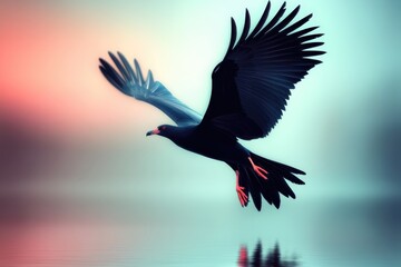 Naklejka premium A striking black bird with red eyes soars gracefully over a tranquil lake, reflecting a colorful sky in the distance, evoking a sense of mystery and freedom.
