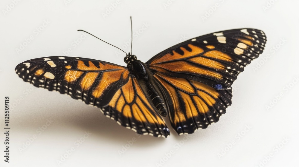 Poster a detailed view of a butterfly resting on a white background, ideal for use in illustrations and des