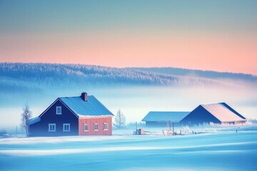 Charming red houses dot a tranquil, snow-covered countryside landscape, set under a pastel sky, evoking homeliness and the serene beauty of winter on a frosty morning.