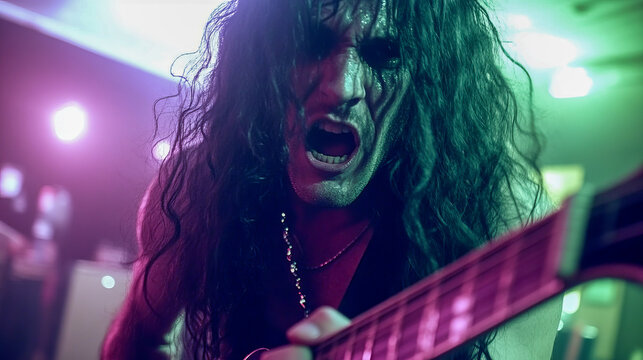 Intense performance by caucasian male guitarist in rock concert setting