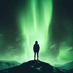 Fototapeta premium A person in a hoodie with a backpack, standing on a hilltop, gazing at the aurora borealis illuminating the northern sky, creating a serene and breathtaking scene of natural beauty