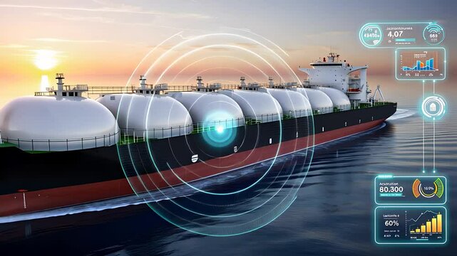 LNG Tanker with Digital Interface Elements Highlighting Data and Navigation at Sea During Sunset

