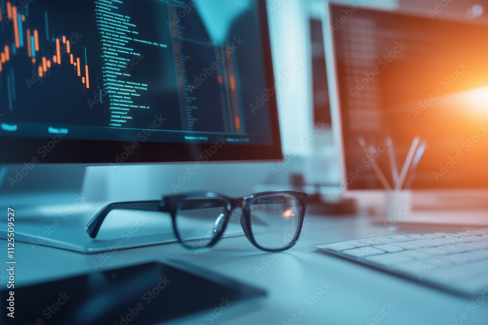 Poster A pair of glasses sits next to a computer on a desk, ideal for use in office or home settings