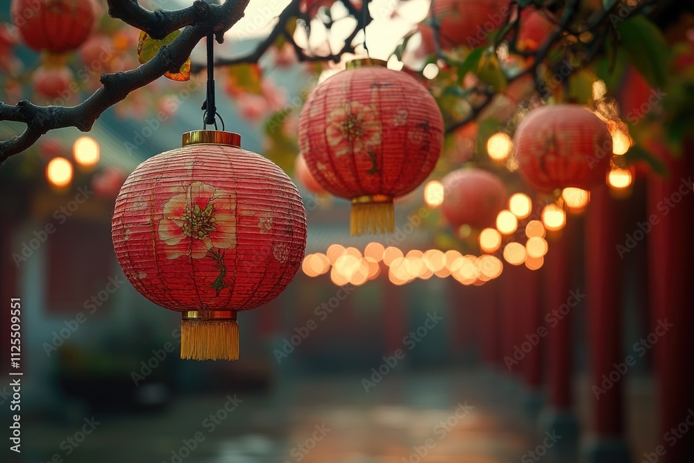 Poster A cluster of red lanterns suspended from a tree branch, perfect for use in autumn or winter themed designs