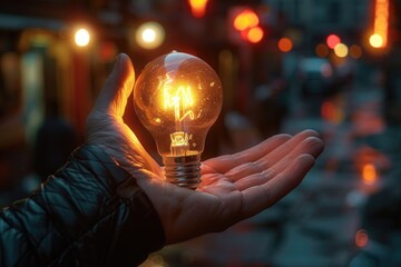 A person holds a light bulb, possibly for illumination or as a symbol