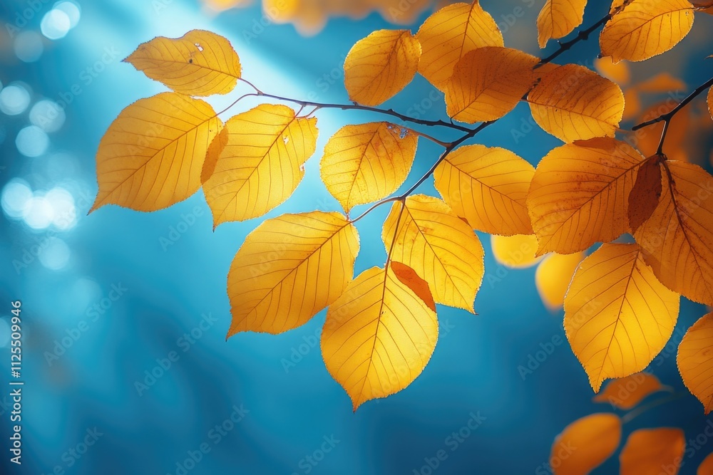 Poster close-up shot of a tree branch with yellow leaves, suitable for use in designs or photographs