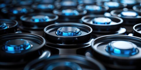 Close-up view of multiple speakers lit by bright blue lights, great for presentations or product showcases