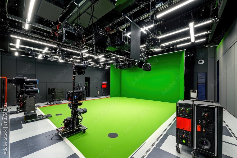 Poster a large room with a green screen setup for filming or photography