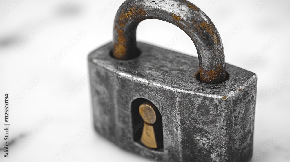 Poster A metal padlock with a key inserted into the lock, ready for use