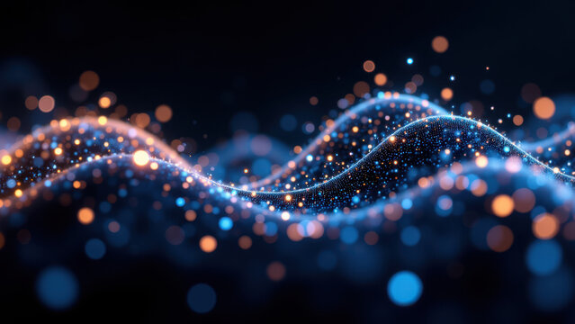 Abstract glowing energy waves with a focus on AI-generated content enhancement.