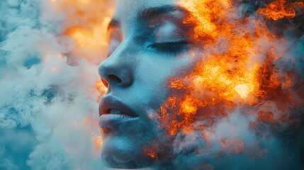 Woman's face engulfed in fire and smoke.