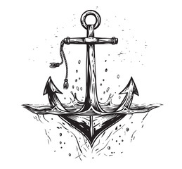 Vintage sea anchor with rope in engraving style. © BigJoy