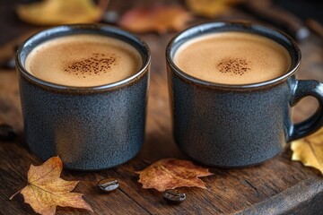 A simple still life scene with two coffee cups sitting on a wooden table