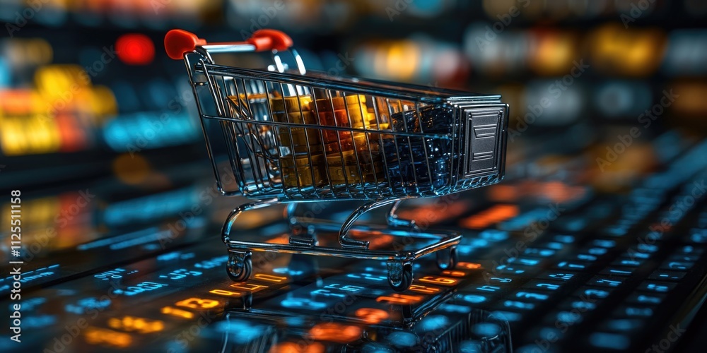 Poster a shopping cart placed on top of a keyboard with various keys and symbols visible