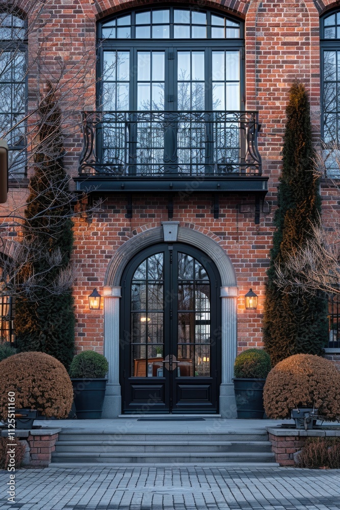 Poster a traditional-style brick building with a black door and windows, suitable for various uses such as 