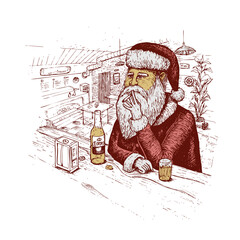 Boring Santa drinking and smoking sitting on pub